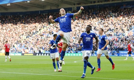 Caglar Soyuncu celebrates scoring the second goal for Leicester City.