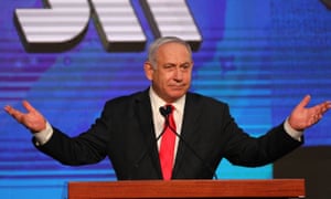 Benjamin Netanyahu, greets supporters at the Likud party final election event after early exit polls.