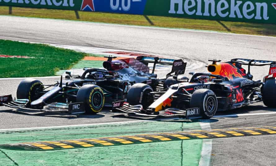 Lewis Hamilton and Max Verstappen side by side before their crash at Monza