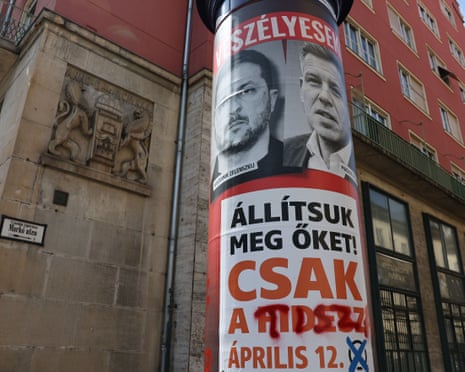 Fidesz Party's poster with images of Volodymr Zelensky and Peter Magyar is seen in Budapest, Hungary.