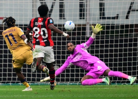 Samuel Mbangula seals his hat-trick as Milan goalkeeper Mike Maignan grasps at the air in vain