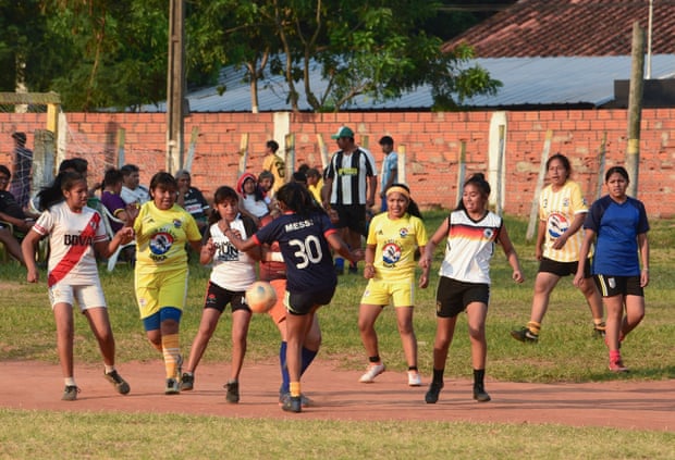 Maka indigenous female soccer players train before the Mariano Roque Alonso league soccer tournament in Paraguay.