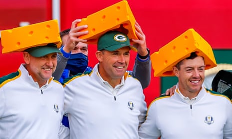 Pádraig Harrington (centre) and his European team donned ‘cheese head’ hats before practice on Wednesday