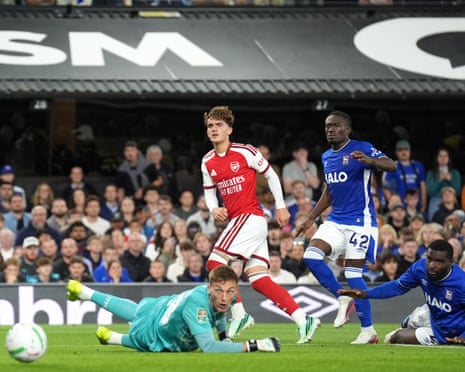 Max Dowman and the Ipswich defence watch the ball roll towards the net
