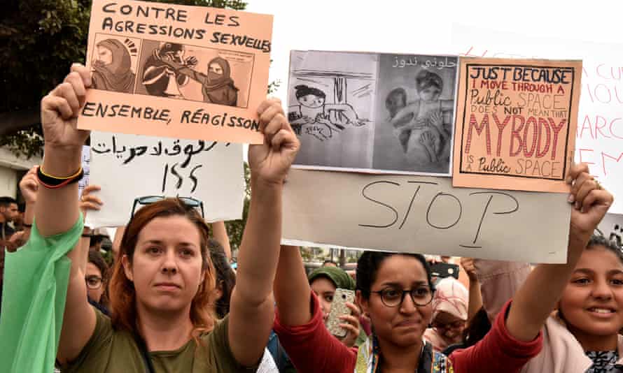 Women in Casablanca, Morocco, protest against sexual harassment following the sexual assault of a woman on a bus in August 2017.