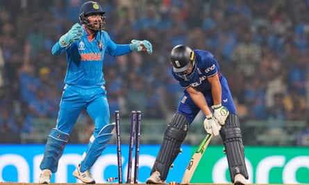 India’s KL Rahul reacts as England’s Jos Buttler is bowled out