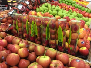 Apples in a plastic tube