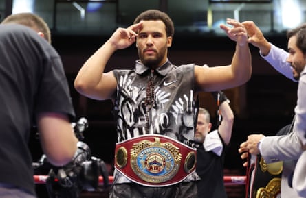 Moses Itauma celebrates after victory against Dillian Whyte in their WBO Inter-Continental heavyweight title fight.
