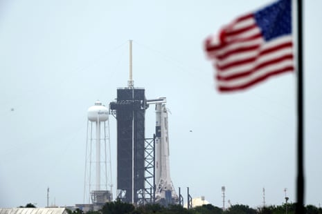 The SpaceX Falcon 9, with the Crew Dragon spacecraft on top of the rocket, sits on Launch Pad 39-A on Monday at Kennedy Space Center.