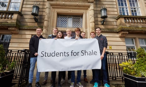 Students on the steps of County Hall in Preston calling on Lancashire county council to approve Cuadrilla’s applications for further exploratory drilling.