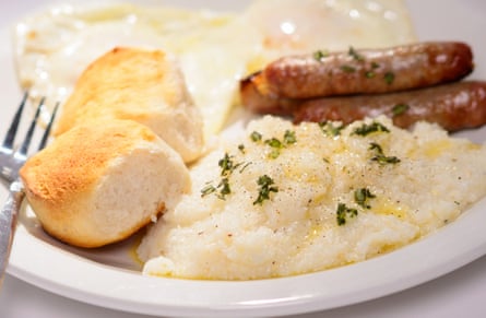 Southern grits with sausages and biscuits.