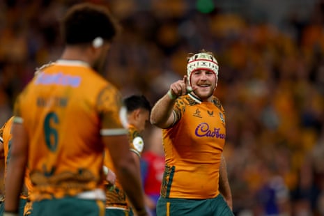 Fraser McReight of Australia celebrates scoring his team's second try during the Nations Championship match between Australia Wallabies and France at Suncorp Stadium.