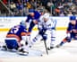 Auston Matthews of the Toronto Maple Leafs scores a goal past David Rittich of the New York Islanders during the second period of Saturday’s game.