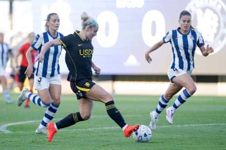 Ellie Carpenter of Chelsea FC in action during women's Champions League third qualifying round Second Leg match between Real Sociedad and Chelsea FC at Instalaciones de Zubieta in San Sebastian, Spain.