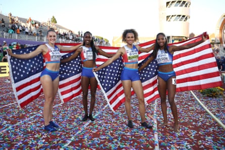 The US team after taking gold in the 4x400m relay.