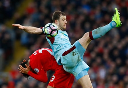 Ashley Barnes in action against Liverpool.