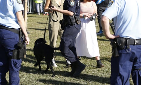 Police dog squad search punters coming in to Splendour in the Grass music festival in Byron Bay, 19 July 19 2019