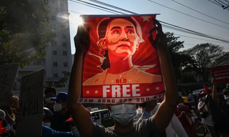 A poster featuring Aung San Suu Kyi during a demonstration against the military coup in Yangon
