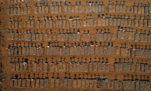 An aerial view of crosses casting shadows at the Parque Taruma cemetery, amid the coronavirus outbreak, in Manaus, Brazil, 15 June 2020.