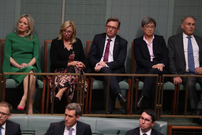 Chloe Shorten and Rosie Batty watch the opposition leader, Bill Shorten, deliver his budget reply