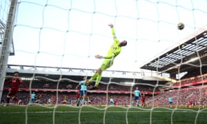 Mohamed Salah loops a header over Bournemouth’s Asmir Begovic.