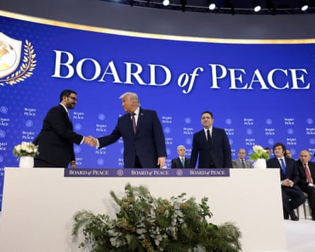 Donald Trump shakes hands with Bahrain’s Sheikh Salman bin Hamad bin Isa Al Khalifa at Davos on Thursday.