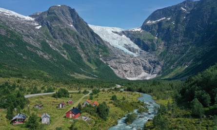 Meltwater rushes from Boyabreen glacier in Fjaerland, Norway