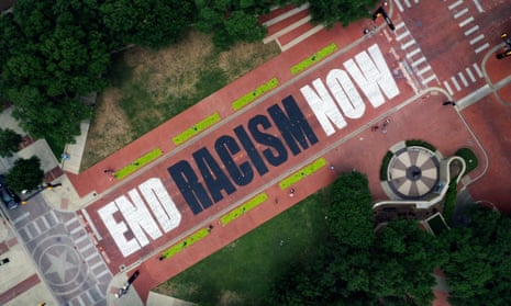 An aerial view of the End Racism Now artwork painted on Main Street in downtown Fort Worth, Texas.