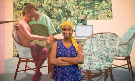 Njideka Akunyili Crosby with her diptych painting Garden, Thriving, 2016.