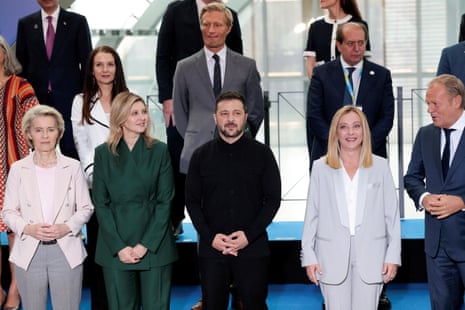 Italian prime minister Giorgia Meloni, Ukrainian president Volodymyr Zelenskyy, his wife, Olena Zelenska, European Commission President Ursula von der Leyen and Polish prime minister Donald Tusk pose for a family photo on the first of the two-day Ukraine Recovery Conference (URC2025), on plans for the reconstruction of Ukraine, in Rome, Italy.