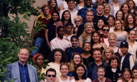 Chadwick Boseman, third row down, left in white shirt, in a British American Drama Academy group, 1998