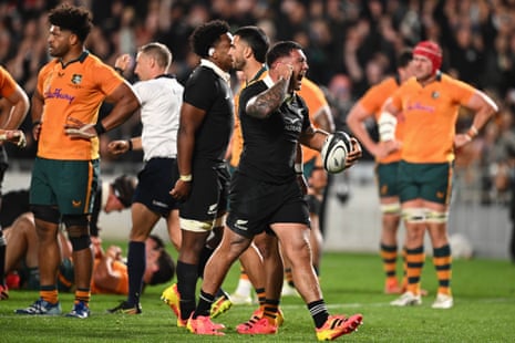 Codie Taylor celebrates scoring a try for the All Blacks