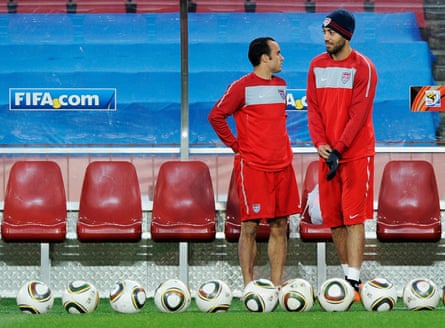 Clint Dempsey (R) and Landon Donovan of USA prepare for a training session at Ellis Park on June 17, 2010 in Johannesburg, South Africa. USA will play their next World Cup Group C match against Slovenia at Ellis Park on Friday June 18, 2010, in Johannesburg, South Africa.