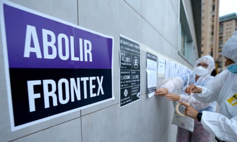 The names of migrants who have died trying to reach the EU since 1993 are posted by campaigners from Abolish Frontex on the EU border agency’s office in Las Palmas, Gran Canaria.