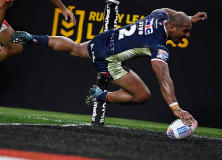 Maika Sivo scores a try during the Super League match at Allegiant Stadium in Las Vegas.