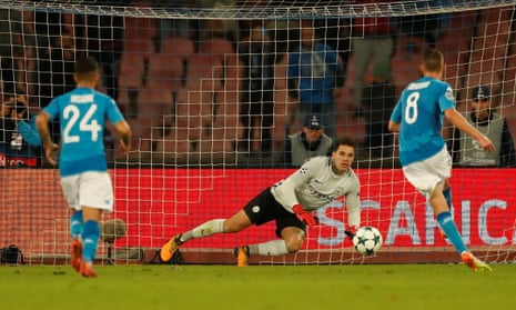 Napoli’s Jorginho scores their second goal from the penalty spot.