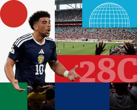 Illustration featuring Scotland’s Che Adams and Miami Gardens Stadium.