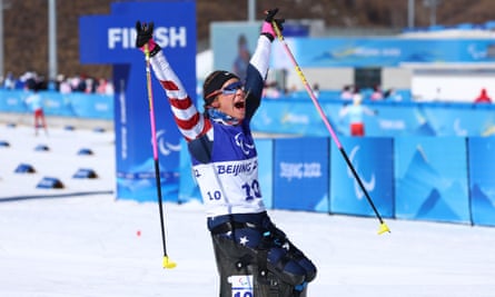 Oksana Masters winning biathlon gold at the 2022 Beijing Winter Paralympics
