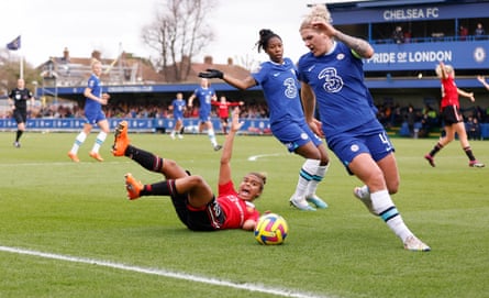 Manchester United’s Nikita Parris appeals for a penalty after a challenge by Millie Bright.