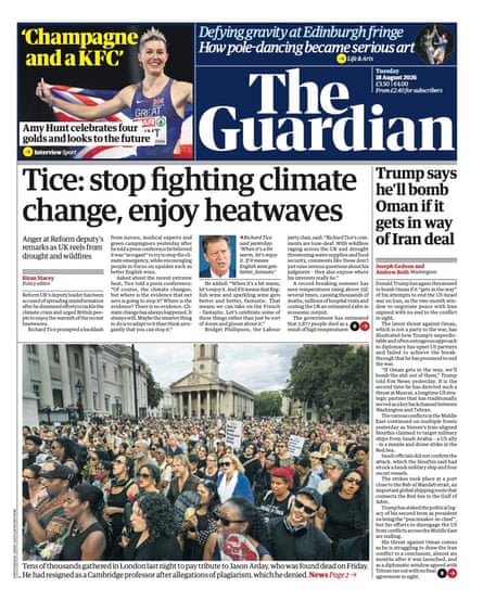 Front page of the Guardian 18 August