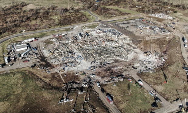 An aerial photo shows the destruction of the Mayfield Consumer Products candle factory after a tornado in Kentucky us,Kentucky tornadoes,Joe Biden,disaster in Kentucky ,harbouchanews