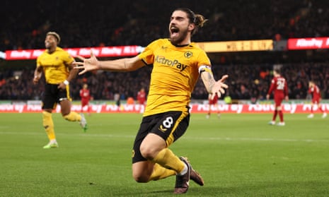 Ruben Neves of Wolverhampton Wanderers celebrates after scoring the team’s third goal.