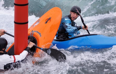 Joe Clarke, the British canoe slalom paddler, taking part in kayak cross training at the Lee Valley White Water Centre in May 2024.