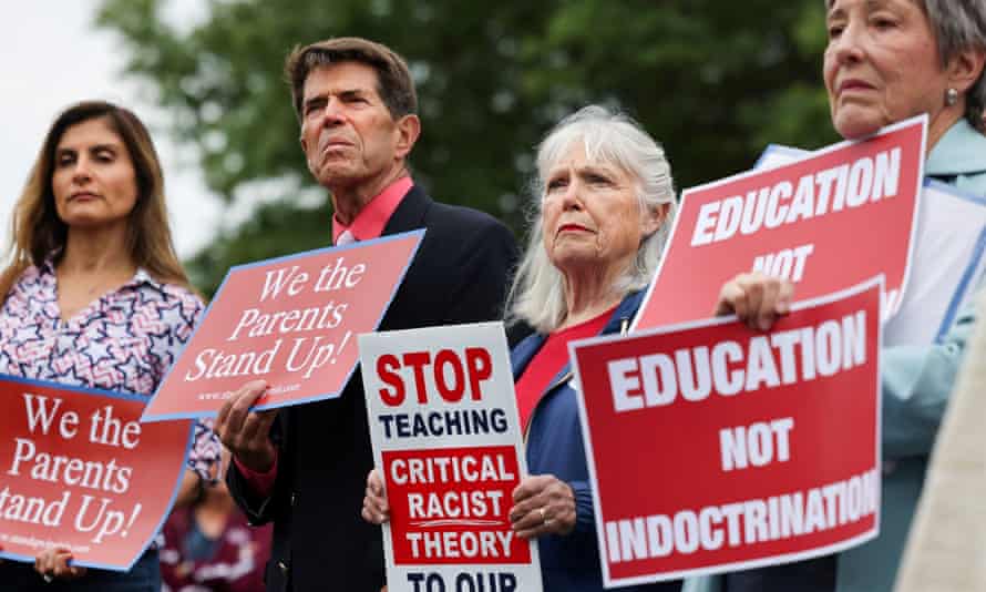 Opponents of critical race theory protest outside the Loudoun county school board offices, in Ashburn, Virginia, 22 June 2021.