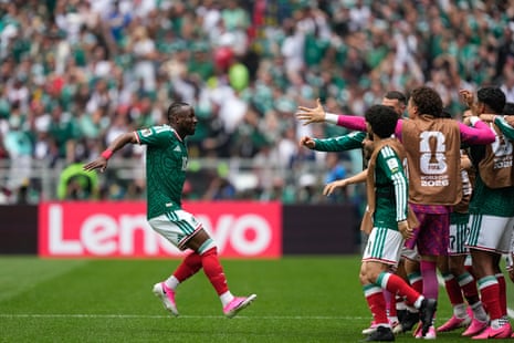 Mexico's Julian Quinones, left, celebrates after scoring the opening goal.