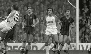 Raddy Antic (centre) playing for Luton Town against Aston Villa in the First Division in October 1983, the season after he saved them from relegation.