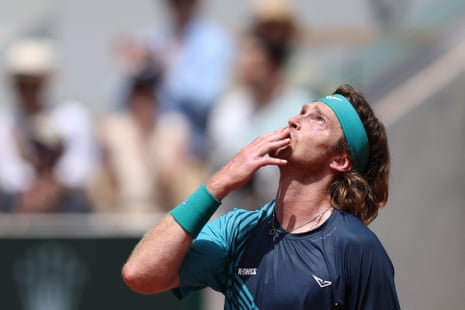 Andrey Rublev celebrates winning his third round match against Nuno Borges.