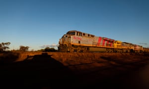 A Rio Tinto iron ore train in transit in the Pilbara region of Western Australia.