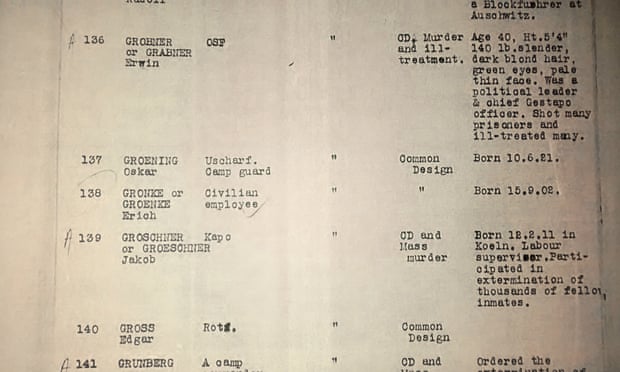 Gröning’s entry in the UNWCC file, listing him as a camp guard.