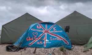 A tent painted with the union flag at the Jungle camp in Calais.
